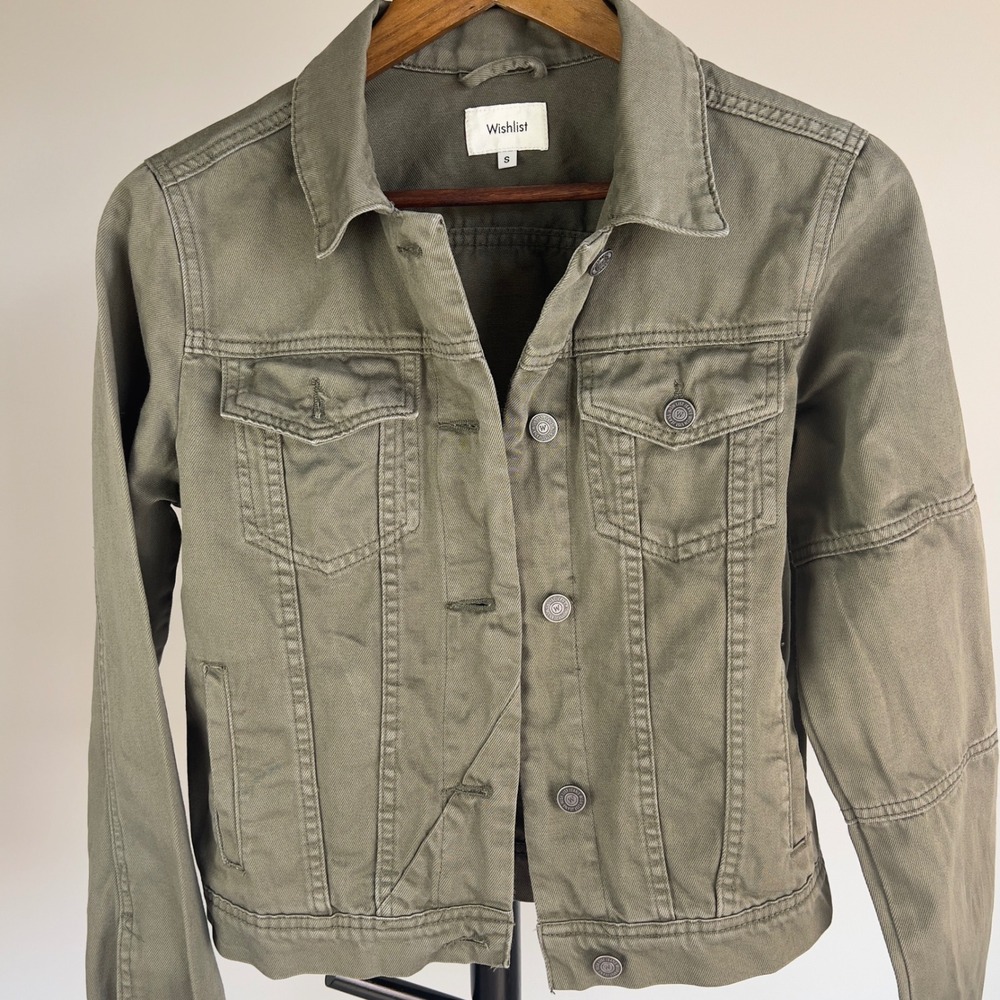 Wishlist Olive Green Denim Jacket Womens Small Utility Trucker Twill Cotton - Picture 2 of 11